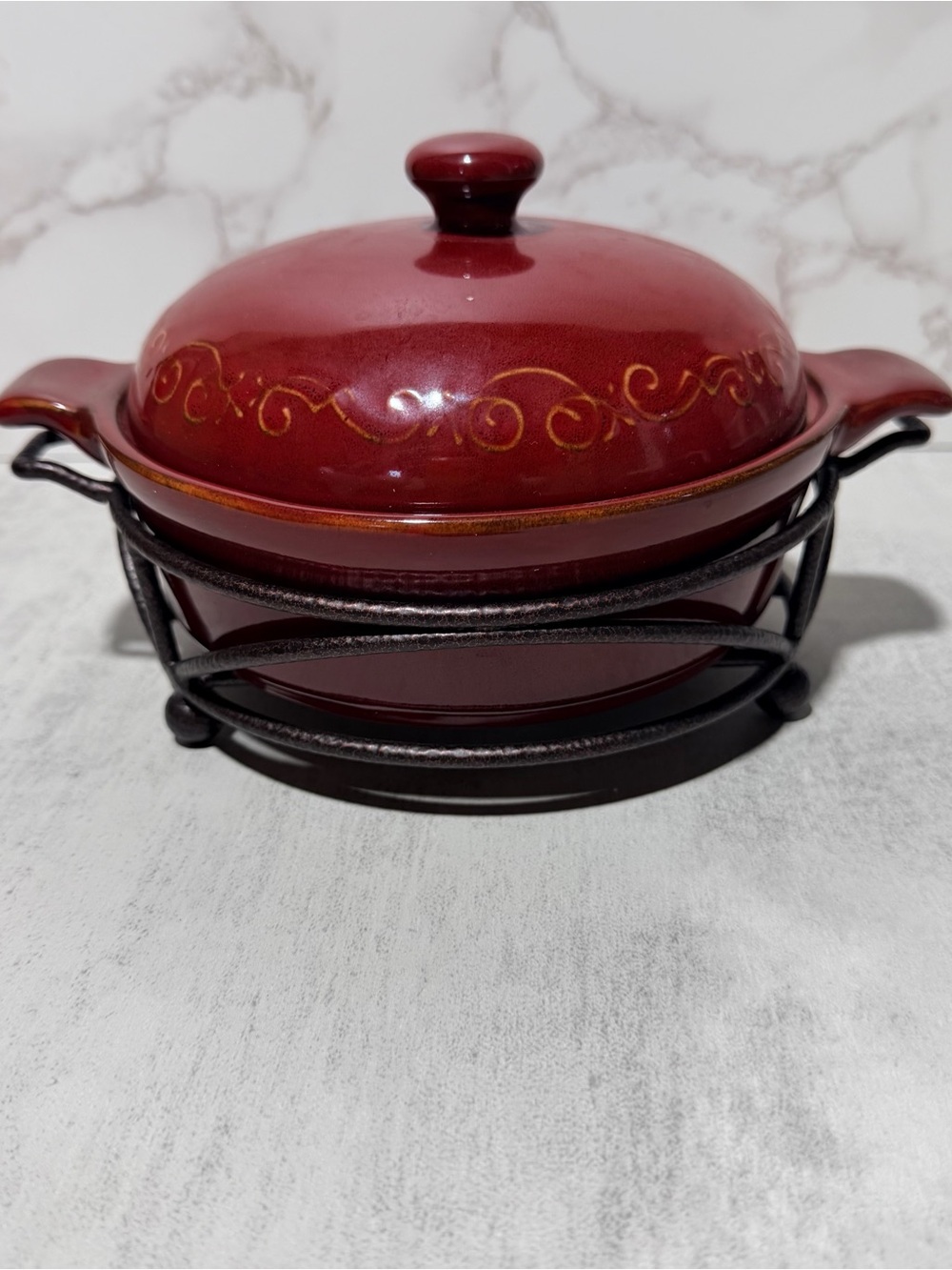 Tastefully simple Red Ceramic Covered dip Dish with Metal Stand